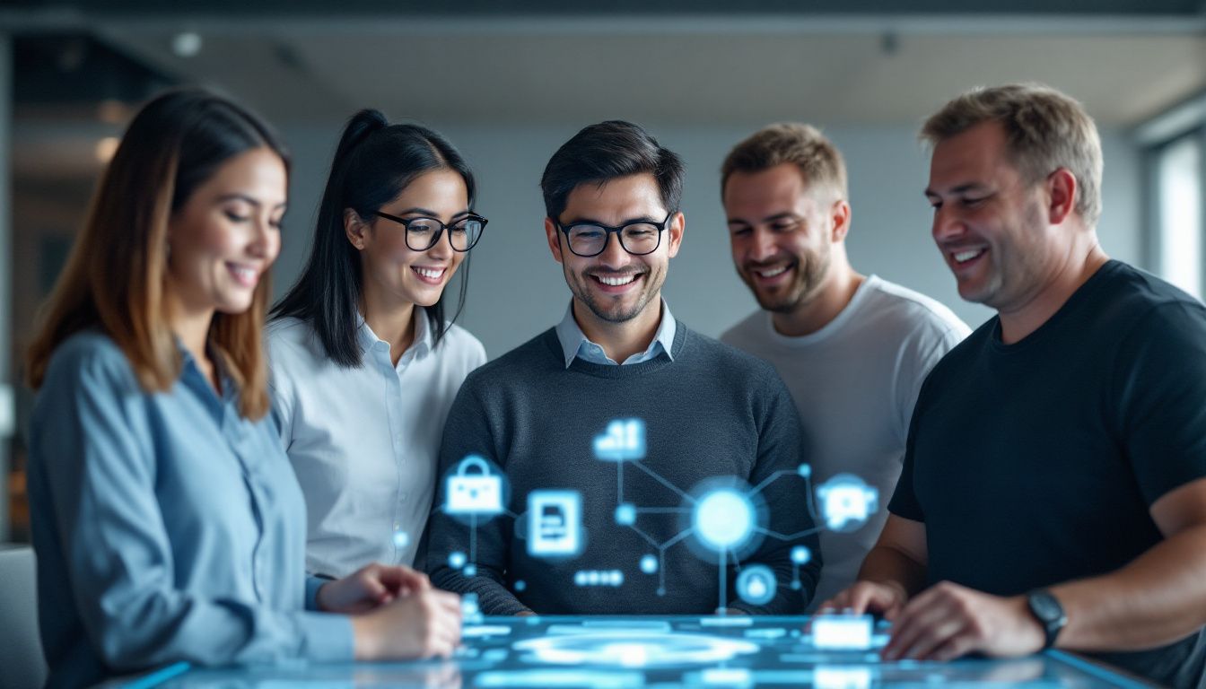 A group of professionals in a modern office using advanced AI tools.