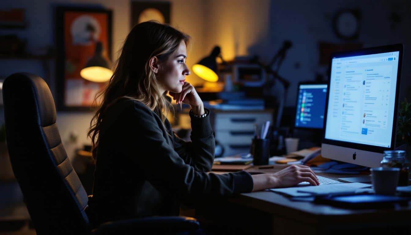 A woman sits at a messy desk, analyzing customer feedback on her computer.