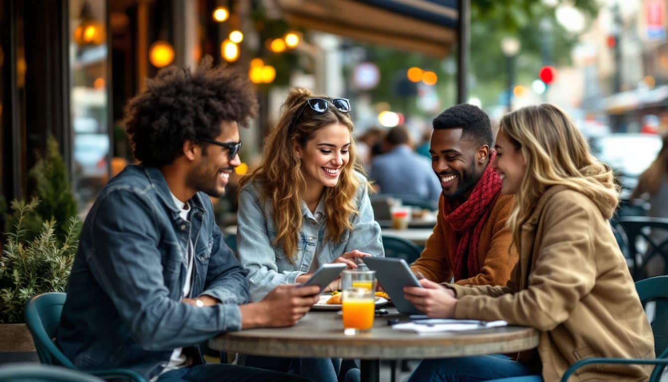 A diverse group of young adults rating their dining experience at an outdoor café.
