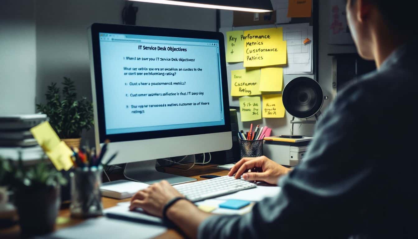 A person is sitting at a cluttered desk, completing IT service desk surveys.