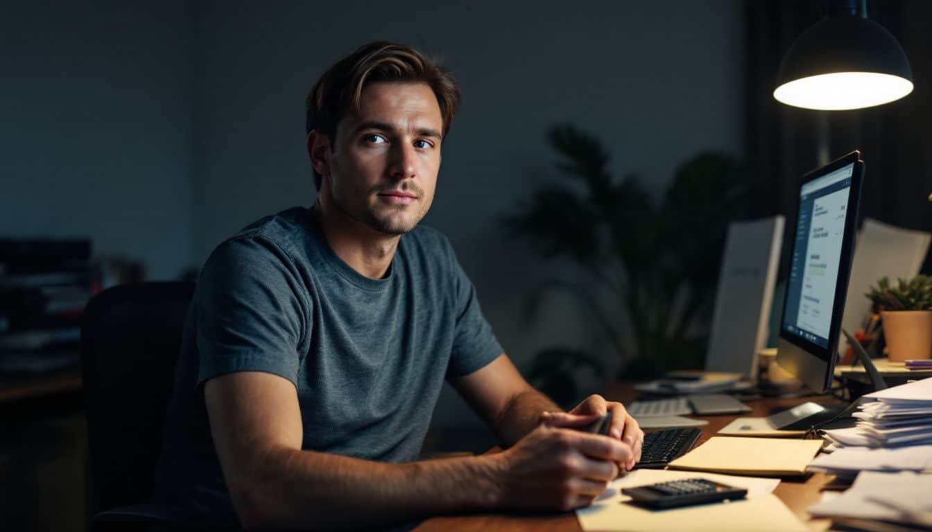 A person sitting at a cluttered home office desk, analyzing marketing data.