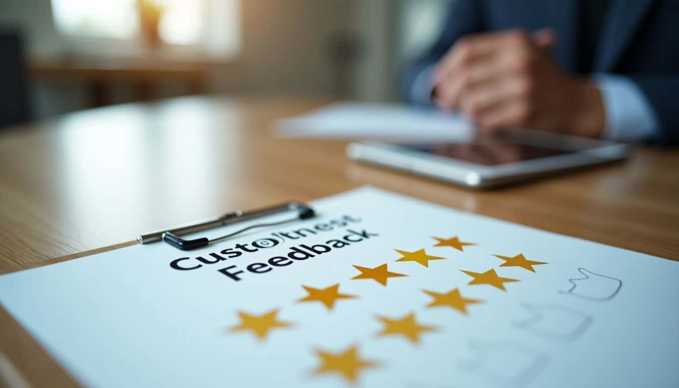 A customer feedback survey with five golden stars for excellent service.