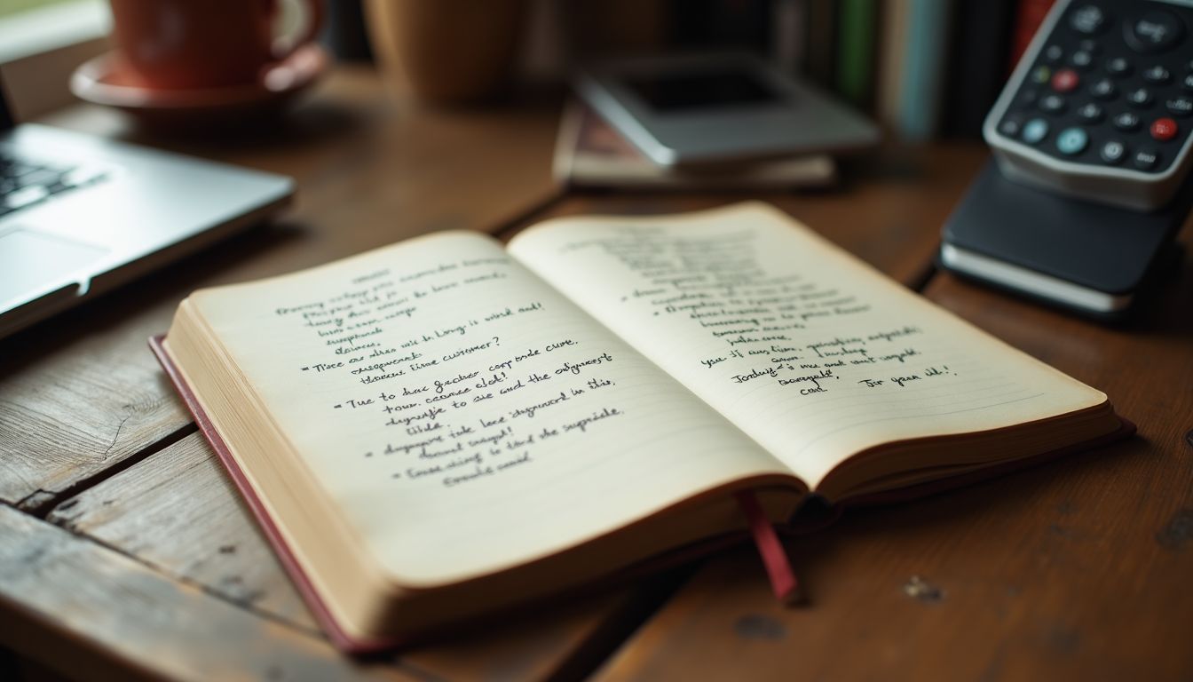 A worn notebook of handwritten customer testimonials on a rustic wooden desk.