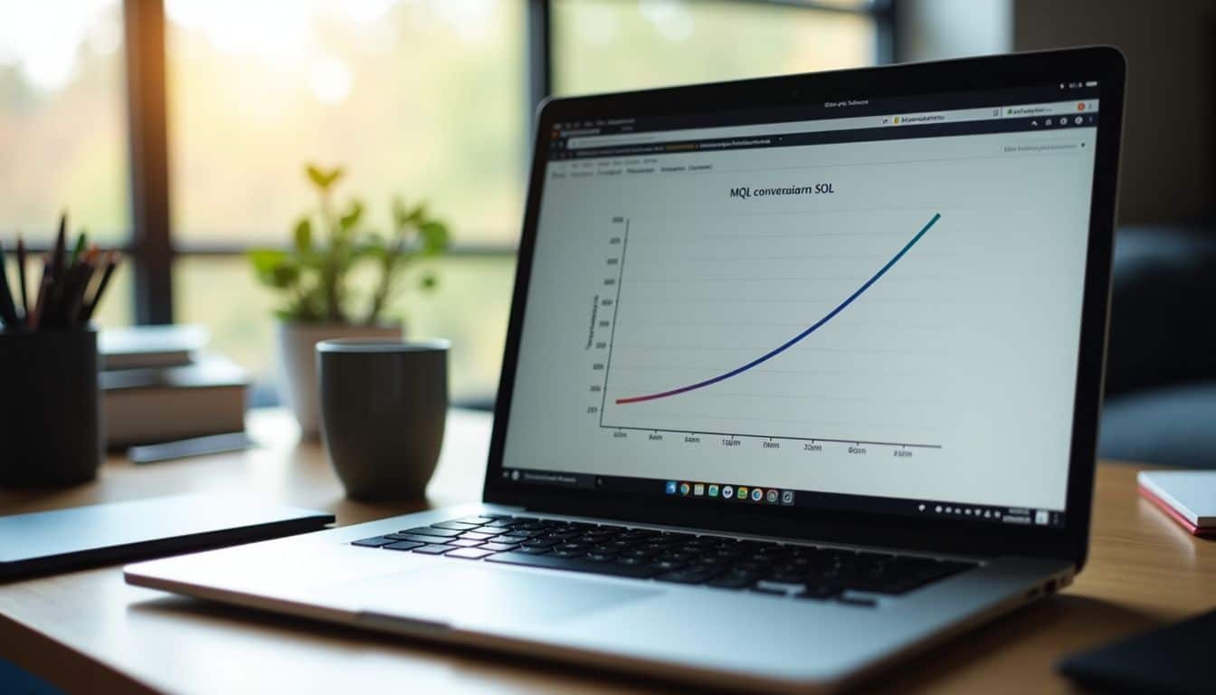 The laptop screen displays a graph of MQL and SQL conversion rates.