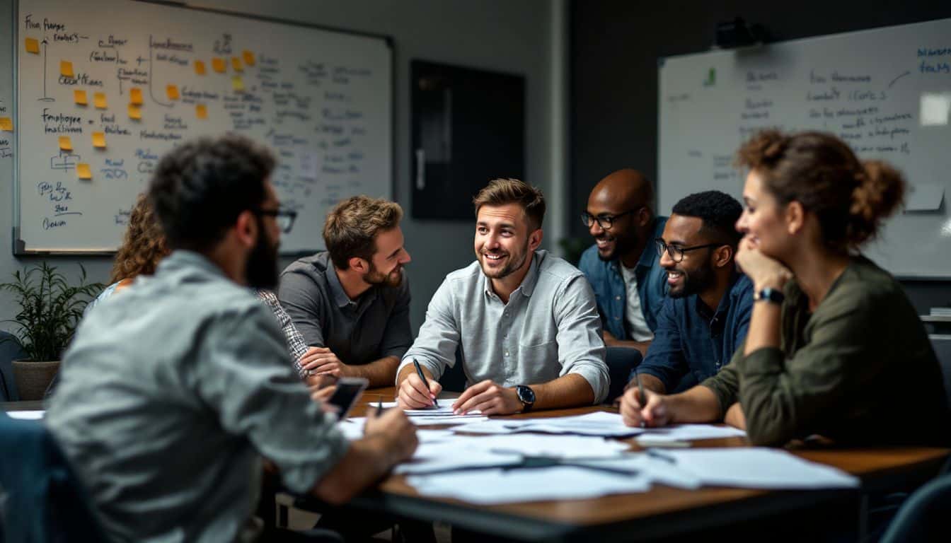 Employees in a casual office meeting discussing employee pulse surveys.