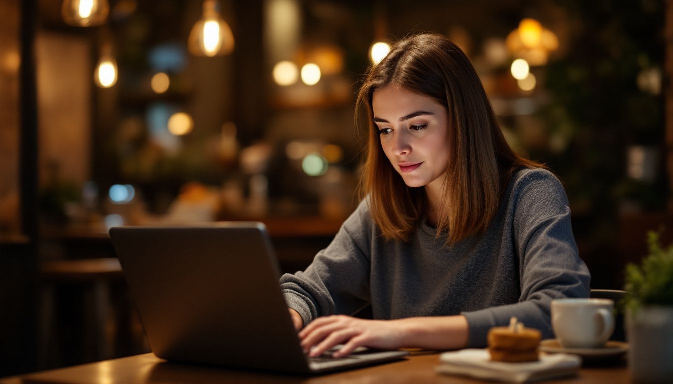 A woman works on a digital loyalty program in a cozy coffee shop.