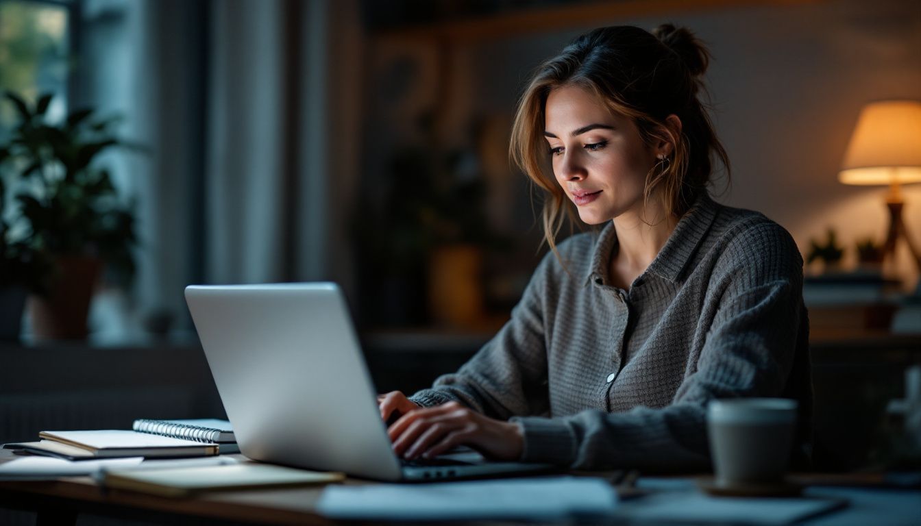 A woman in her 30s sits in a home office, working on surveys.