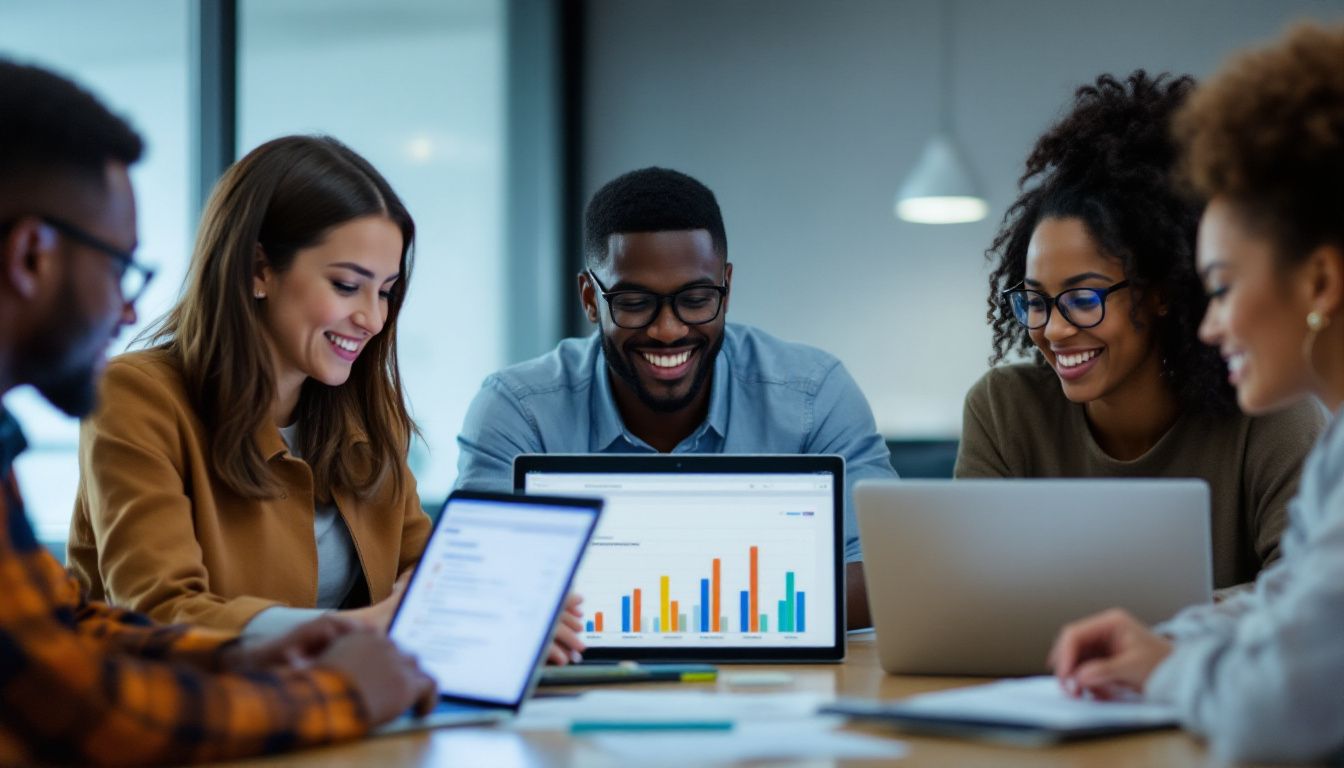 A diverse group of professionals discussing SurveyMonkey and TypeForm interfaces.