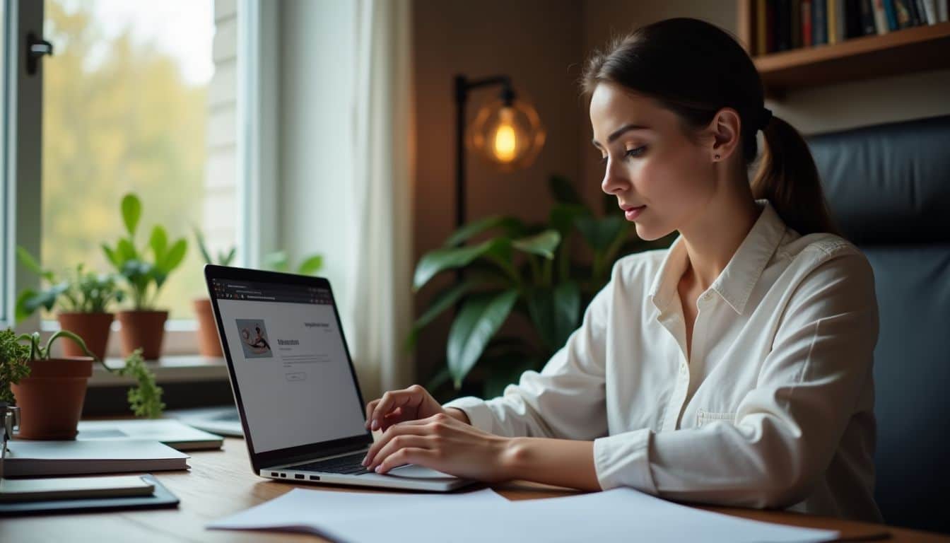 A woman browsing an eCommerce website at her cluttered home desk.