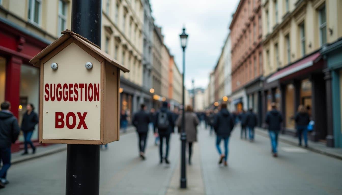 A suggestion box on a city street corner with diverse pedestrians.