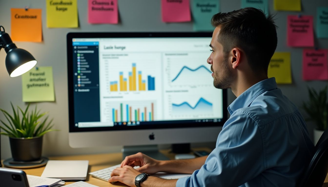 A person analyzing customer data and feedback at a cluttered desk.
