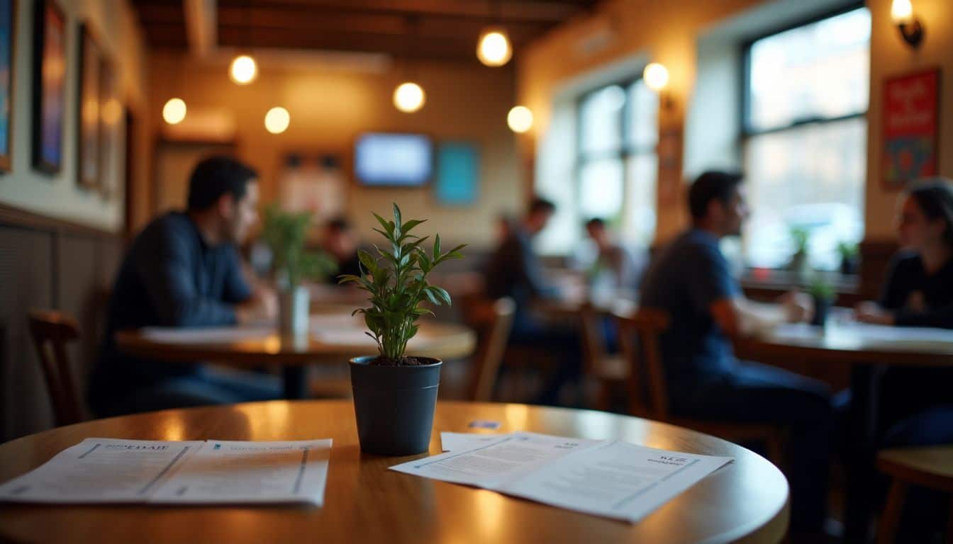 A cozy coffee shop with personalized menus and social media promotions.