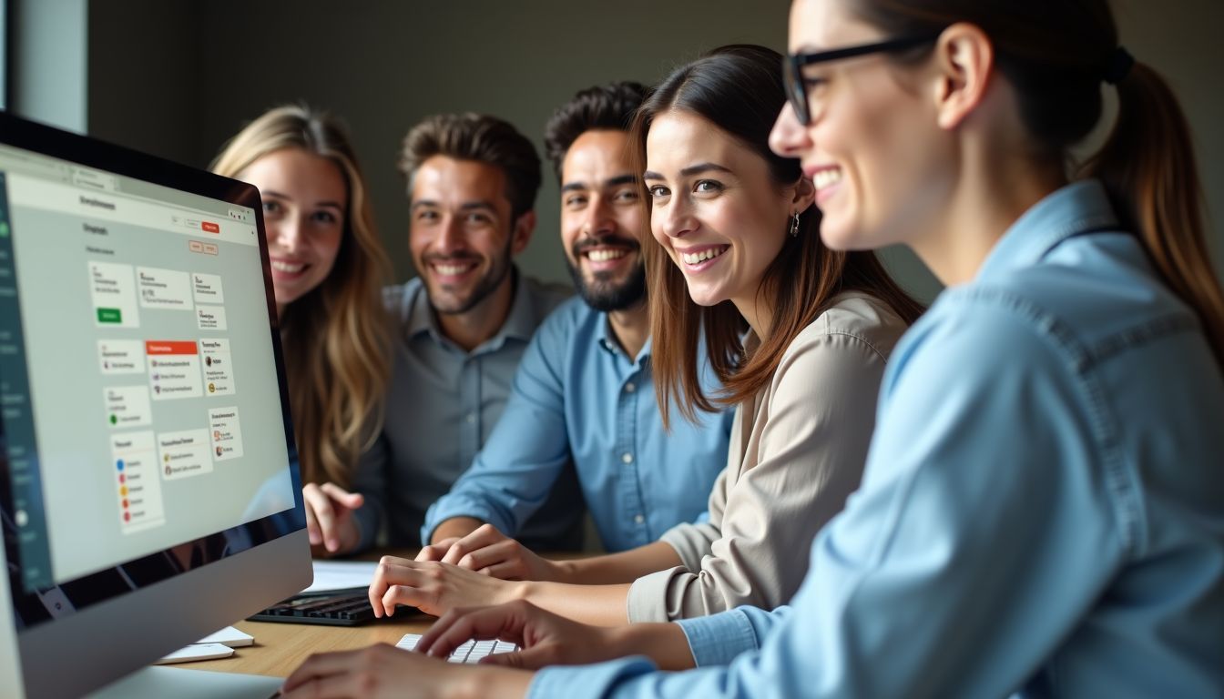A diverse group of professionals collaborates on a review website in a casual office setting.