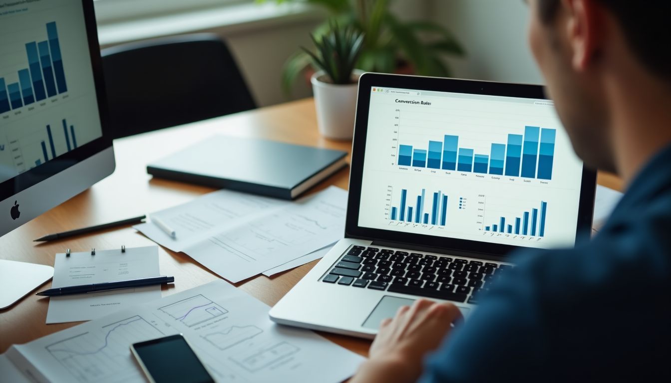 A cluttered desk with open laptop showing conversion rate graphs.