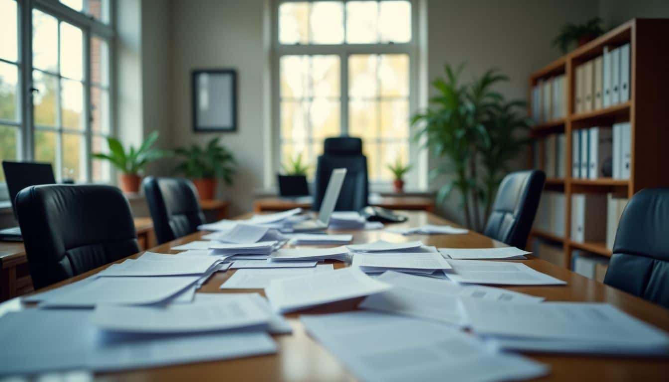 An empty, disorganized office with cluttered desk affecting productivity and conversion rates.