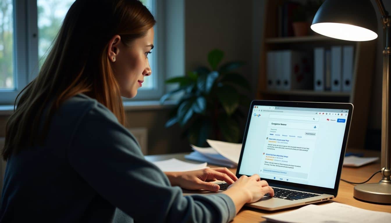 A person is sitting at a messy desk, searching Google Reviews.