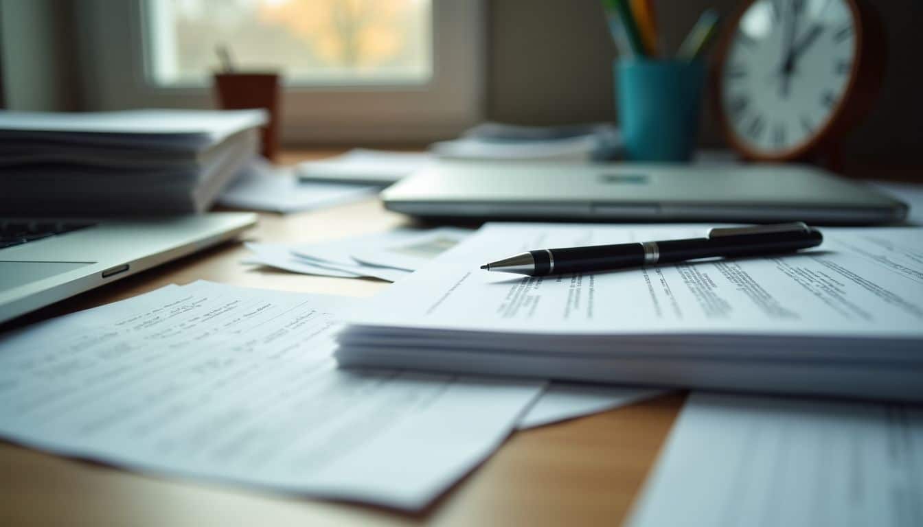 A cluttered office desk with scattered papers and supplies.