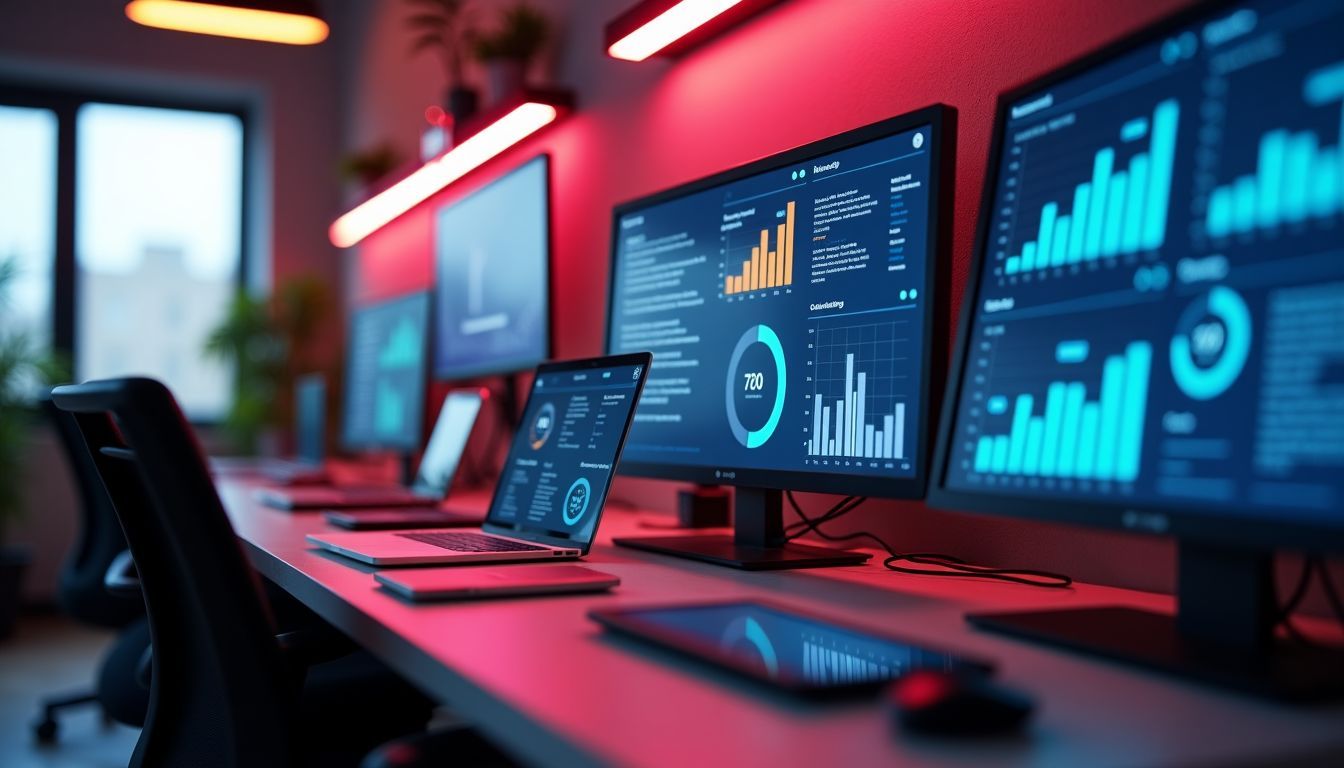 A modern office with an AI interface displaying real-time NPS data.