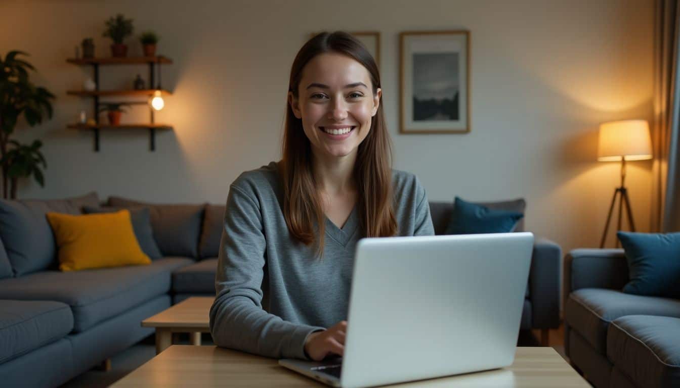 A woman records a product review in her modern living room.
