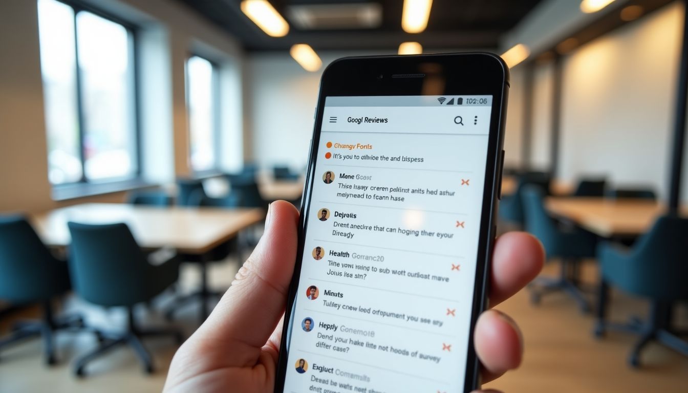 A smartphone displaying Google Reviews in a modern office setting.