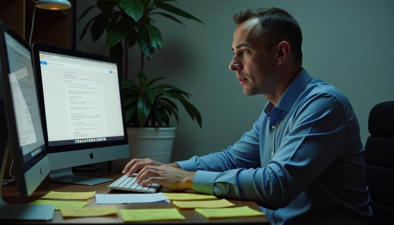 A man responds to negative Google reviews in a casual office setting.