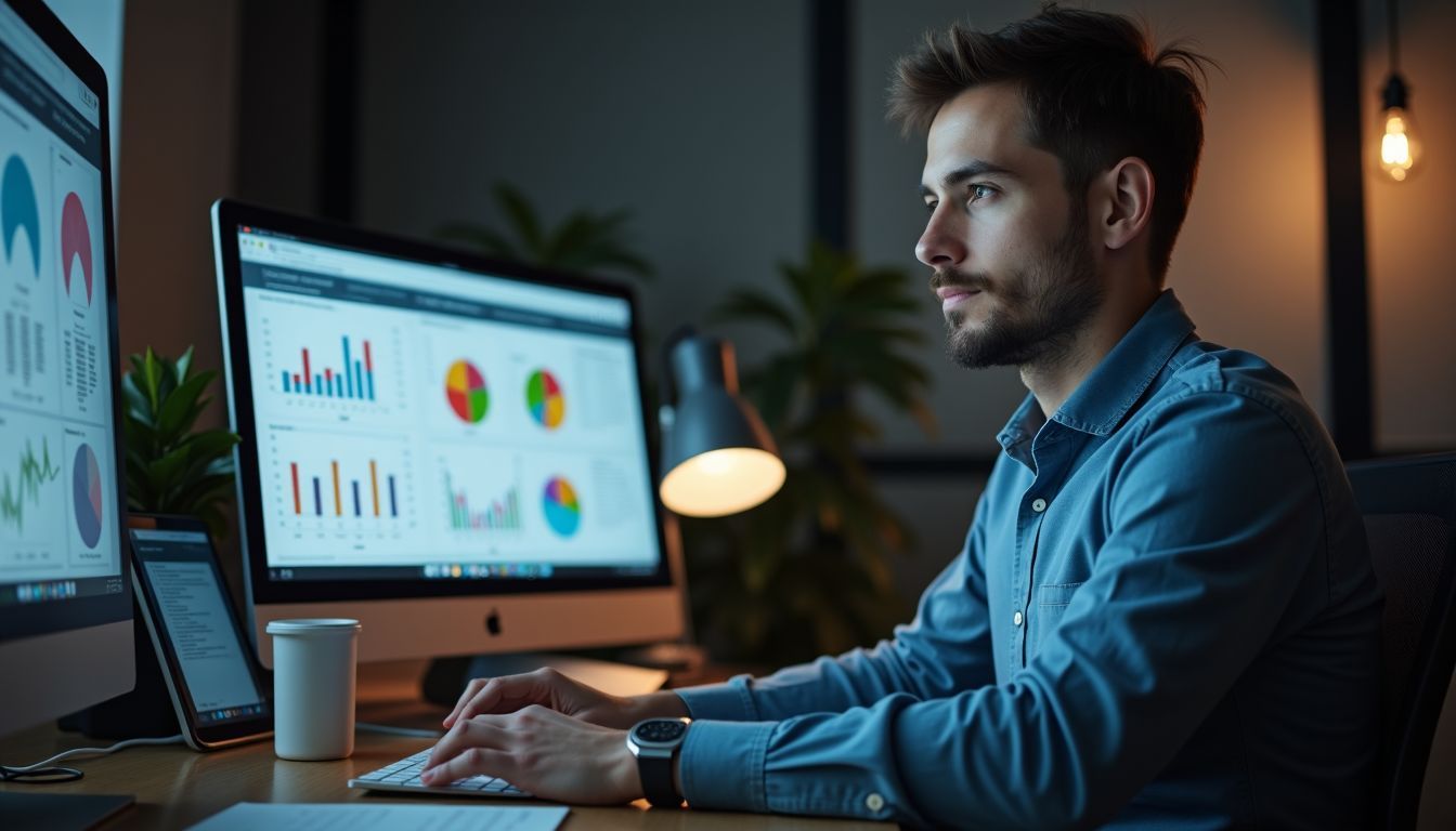 A person working at a modern desk with data visualization software.