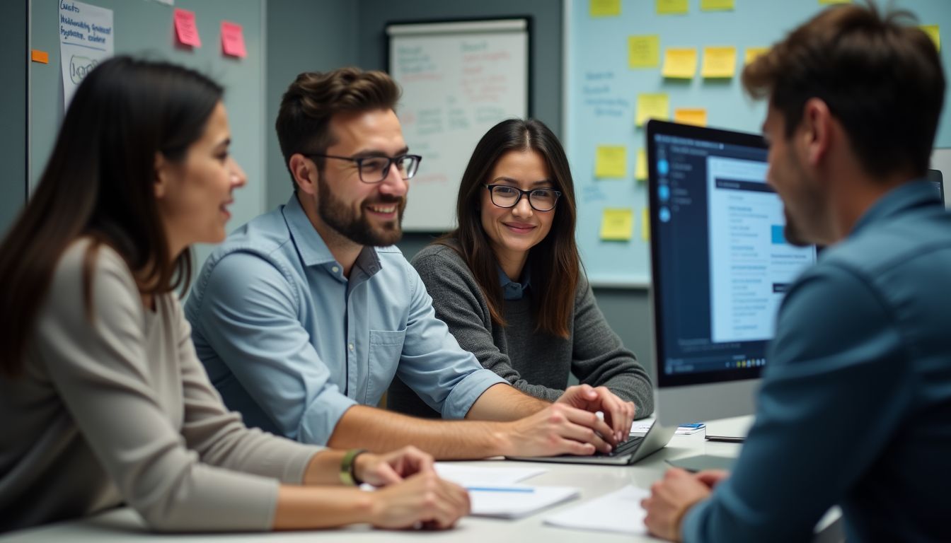 A diverse group of marketing professionals discussing AI tools in an office.