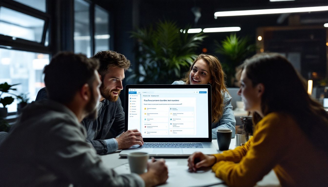 Colleagues discussing pulse survey questions in an office setting.