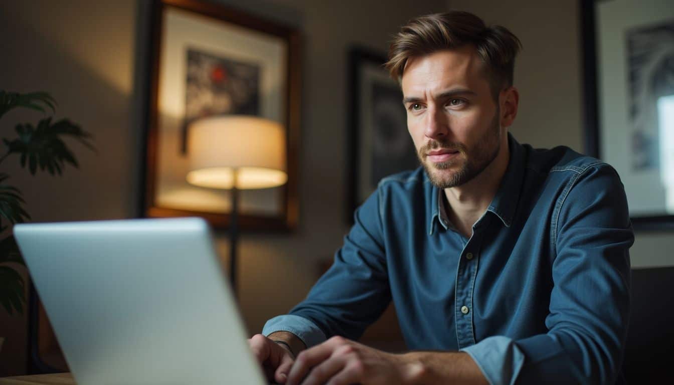 A business owner monitoring online customer reviews at his desk.