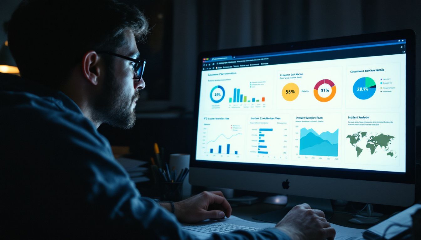 A person analyzing performance metrics on a cluttered computer dashboard at work.