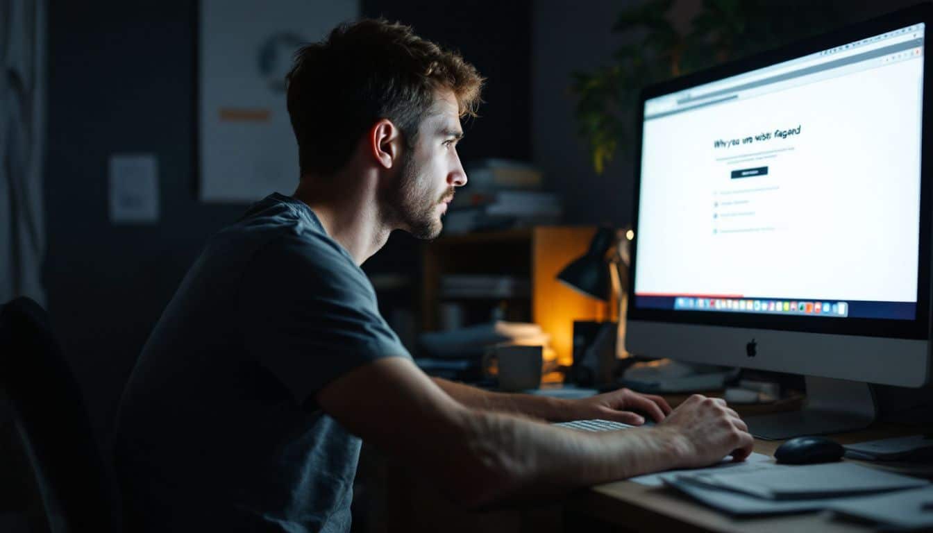 A man in his 30s sits at a messy desk, concerned about a warning on his computer screen.