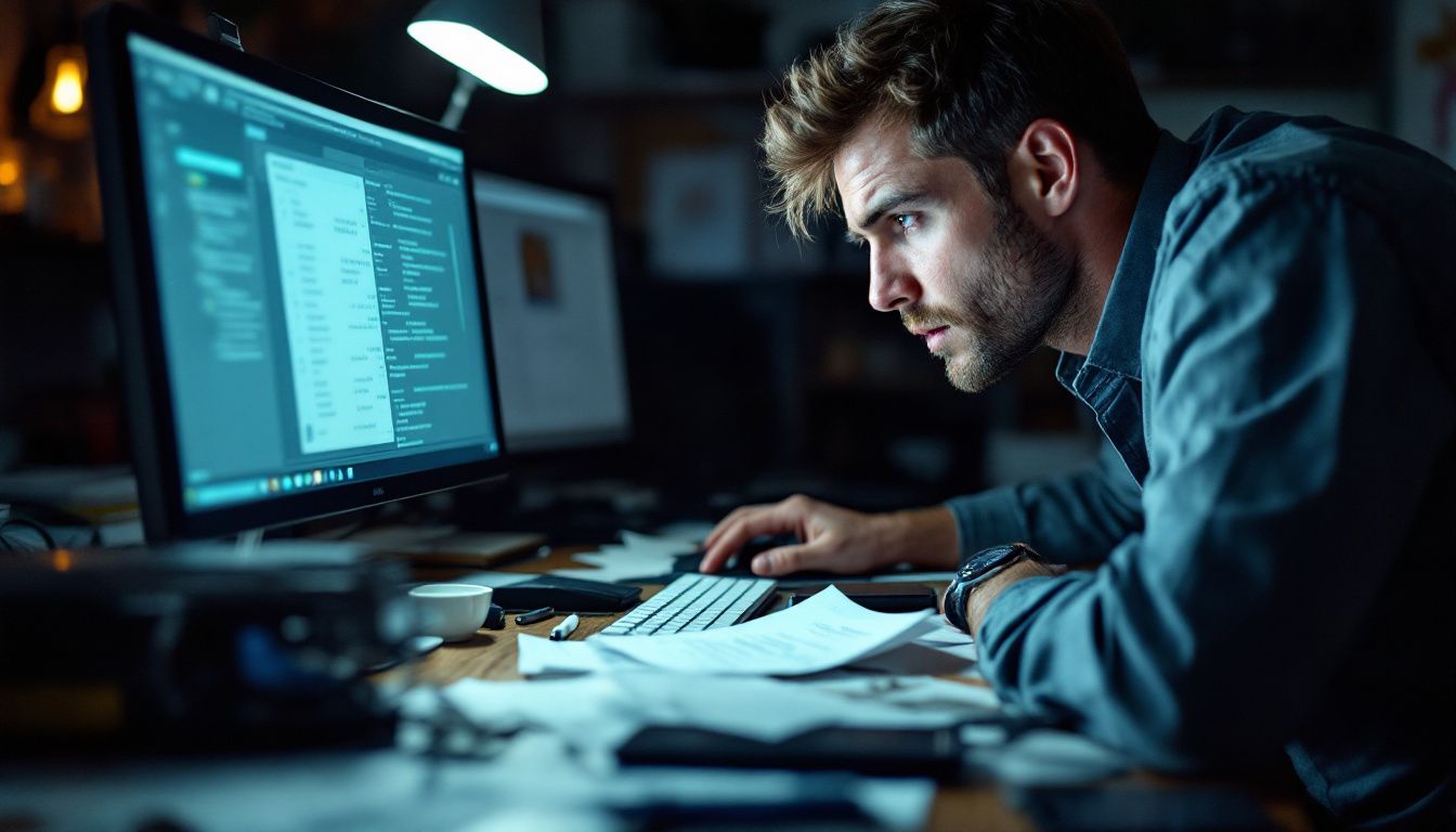 A person in their 30s is anxiously searching for malware on a cluttered desk.