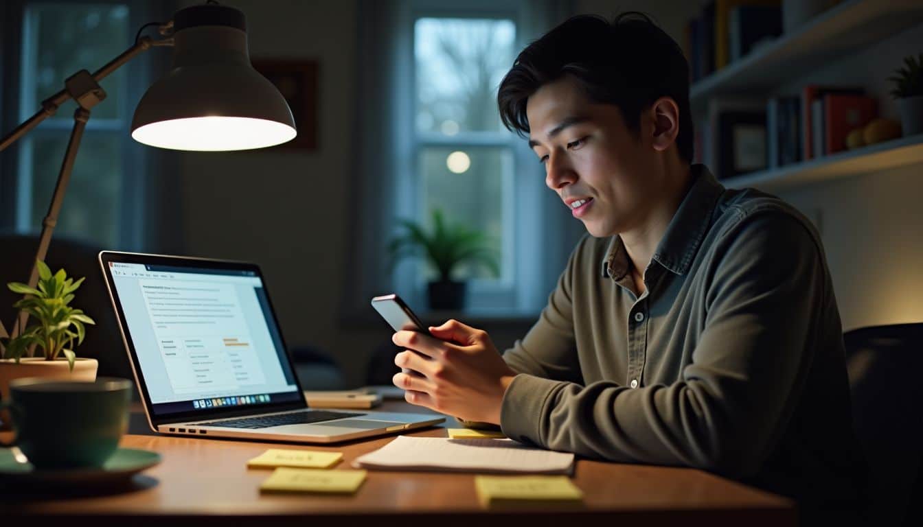 A person testing a survey app in a cozy home office.