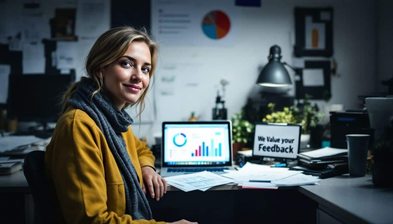 A woman at a cluttered desk with customer survey forms and laptop.