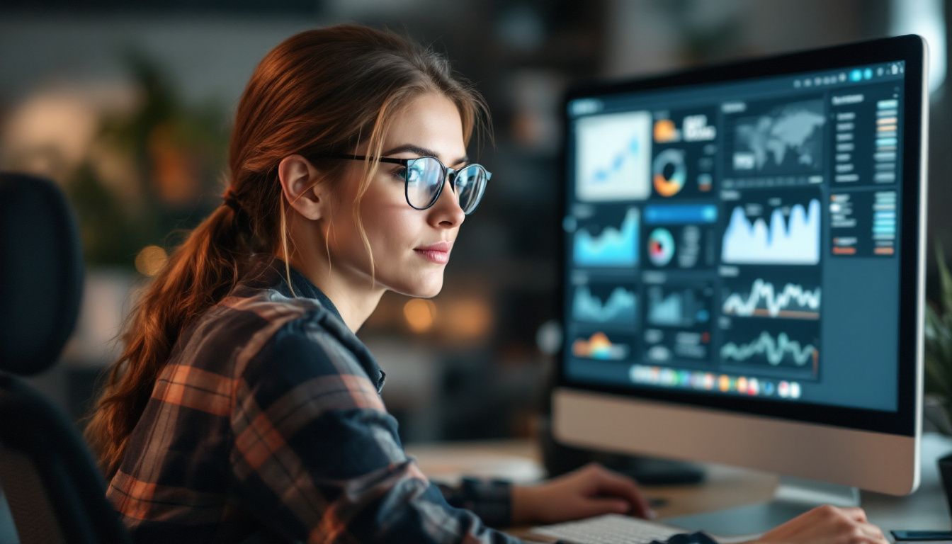 A woman analyzing marketing data on a computer at her desk.