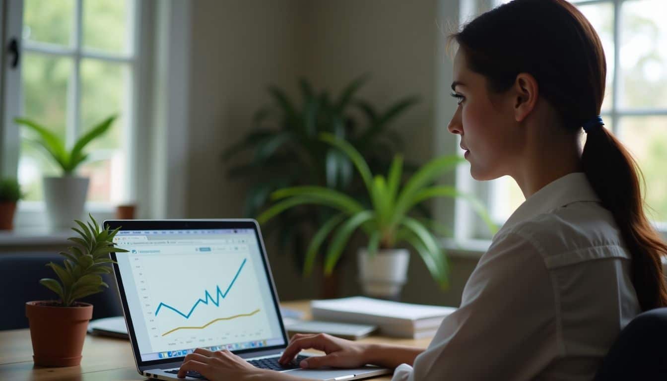 A woman in her mid-30s with a slender build is working on her laptop, analyzing a graph showing rising response rates from effective campaigns.