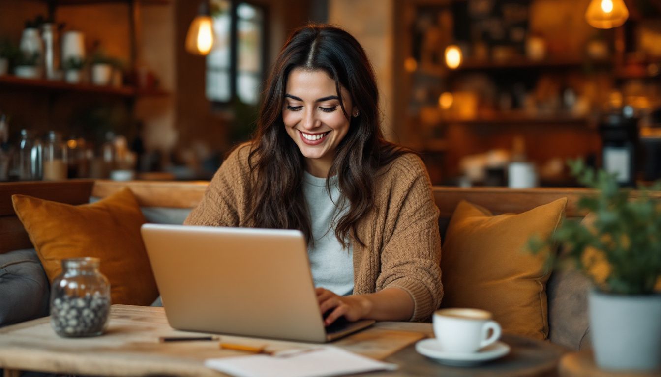 A small business owner reads positive reviews in a cozy coffee shop.