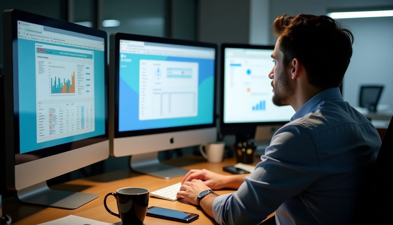 A person working at a modern desk with multiple computer screens.