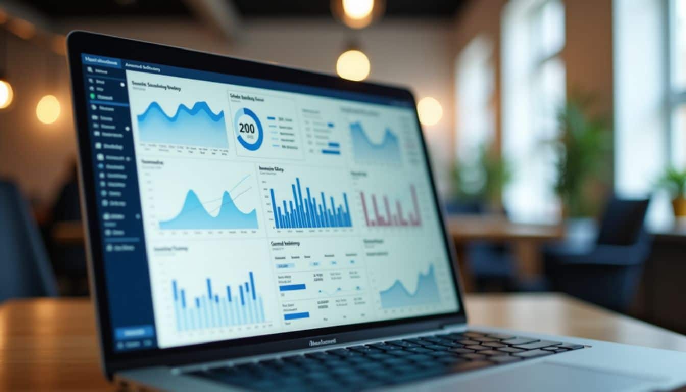 An advanced AI-powered digital marketing dashboard displayed in an organized office.