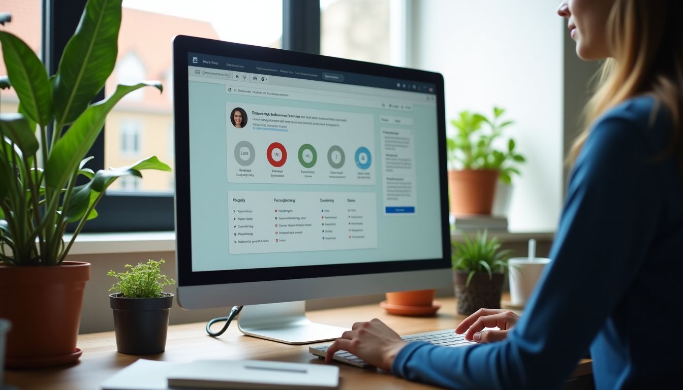 A modern office desk with computer, plants, and office supplies.