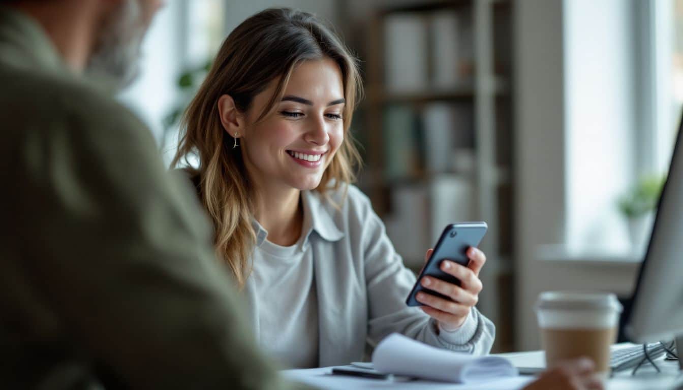 A woman filling out a survey on her smartphone at her desk.