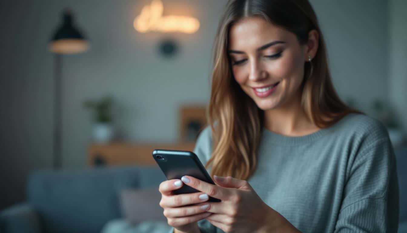 A woman using a smartphone with a visible call-to-action button.