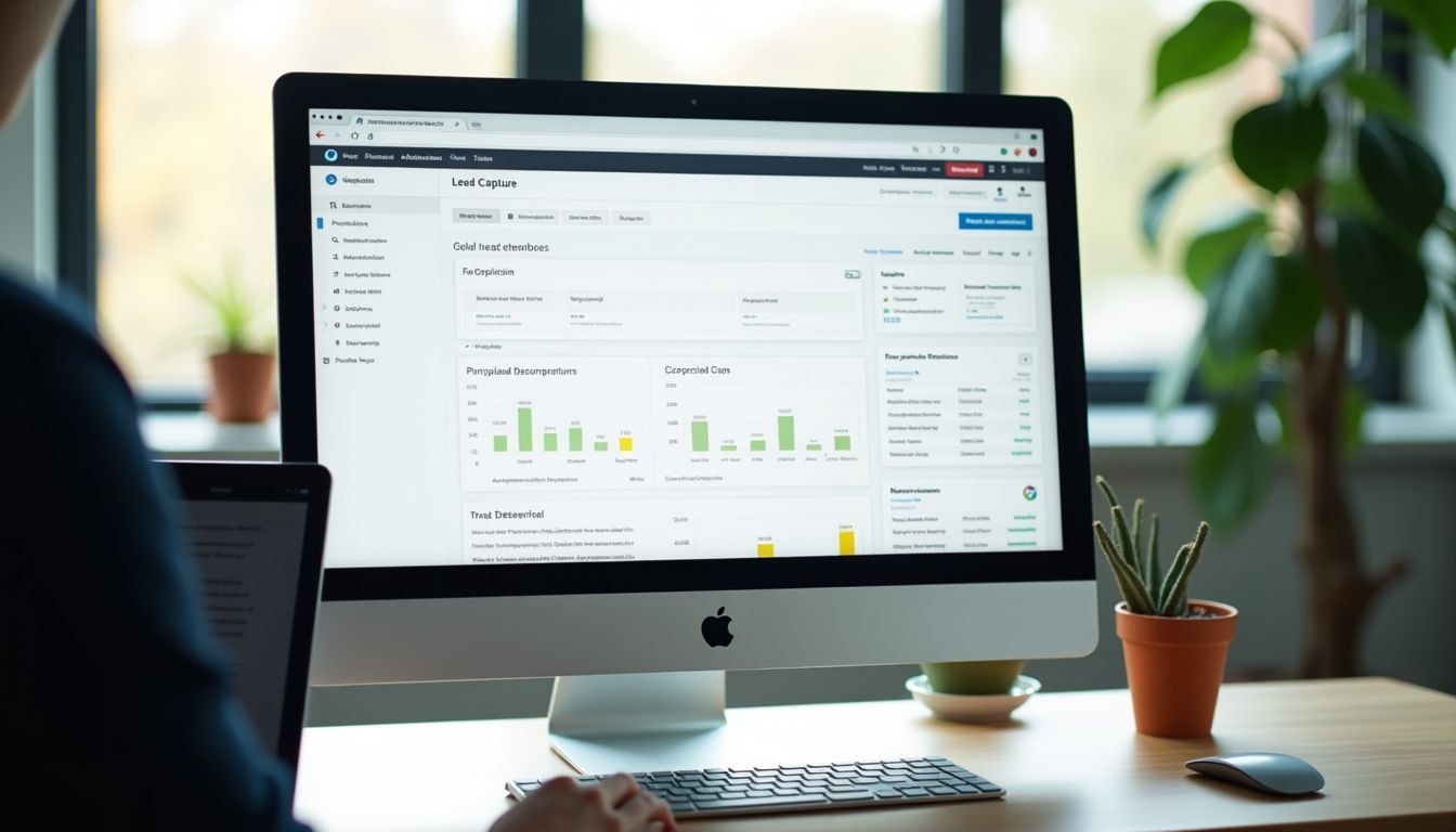 A modern office desk setup with a sleek computer displaying a lead capture tool.