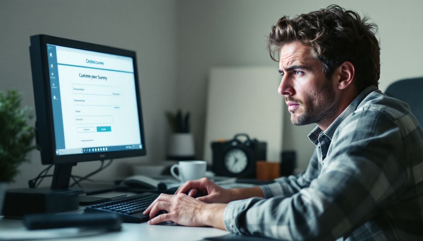 A person looks frustrated while taking a plain survey at their desk.