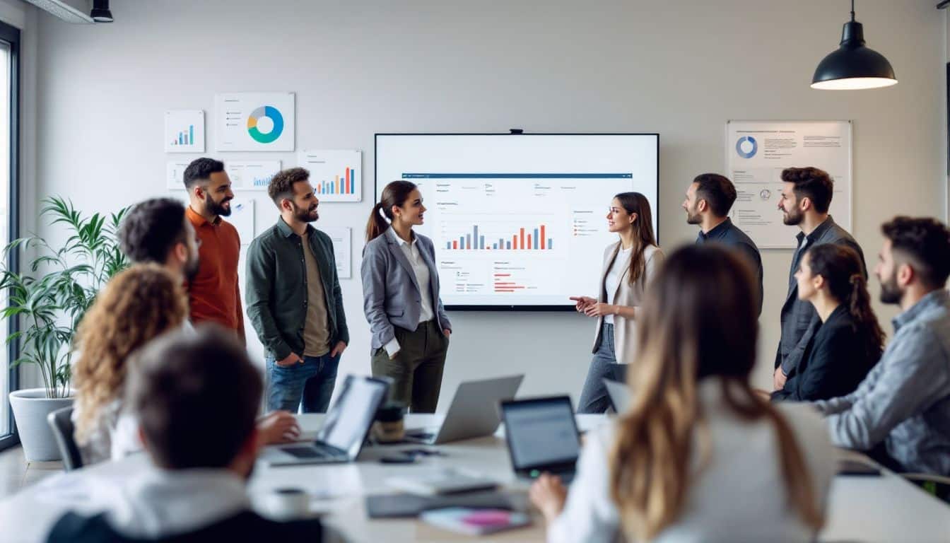 A diverse team discusses lead scoring strategies for customer acquisition.