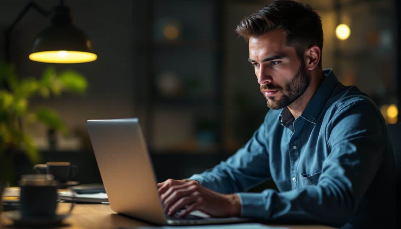 A man in his mid-30s is researching B2B review platforms on his laptop.