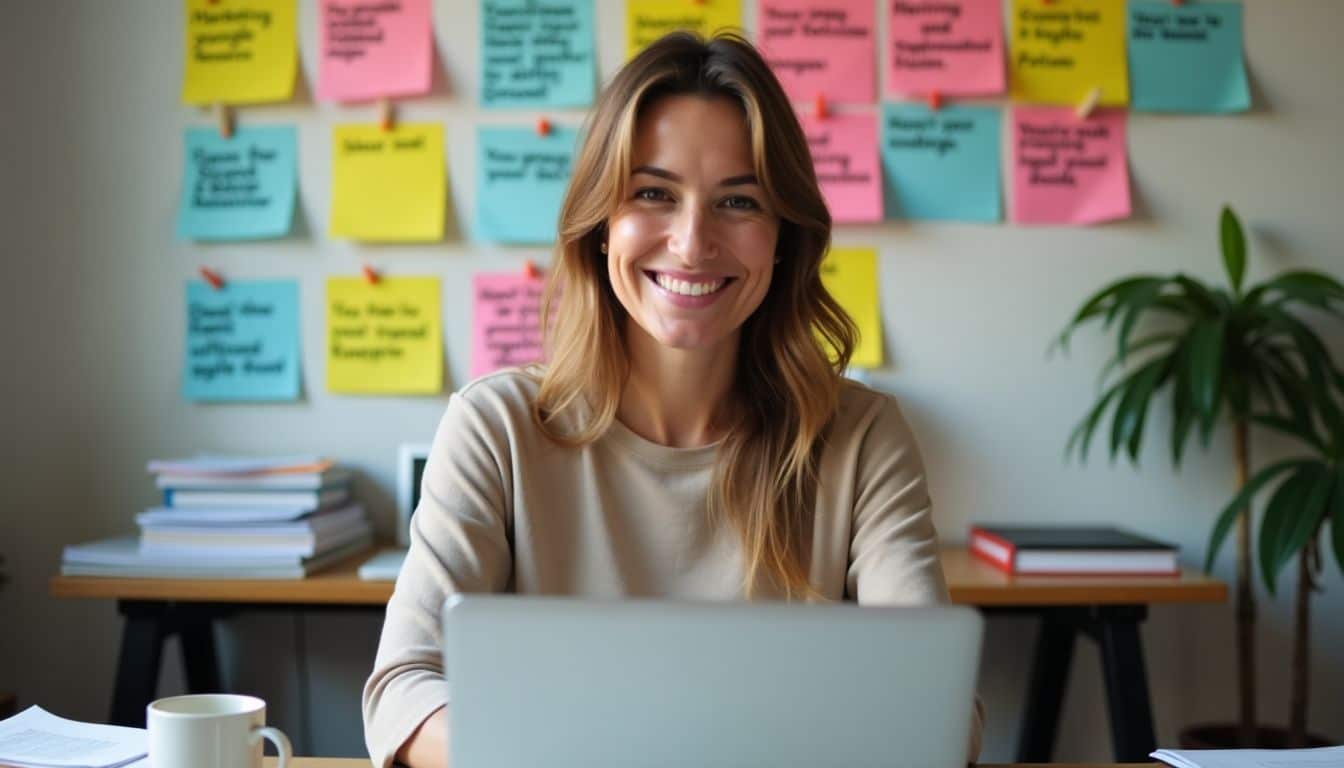 A woman working at a cluttered desk with open laptop.