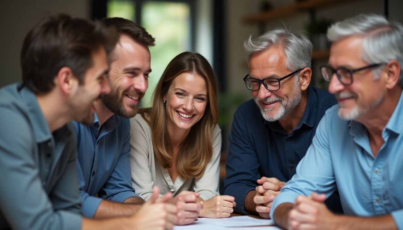 A diverse group of adults engages in a lively conversation.