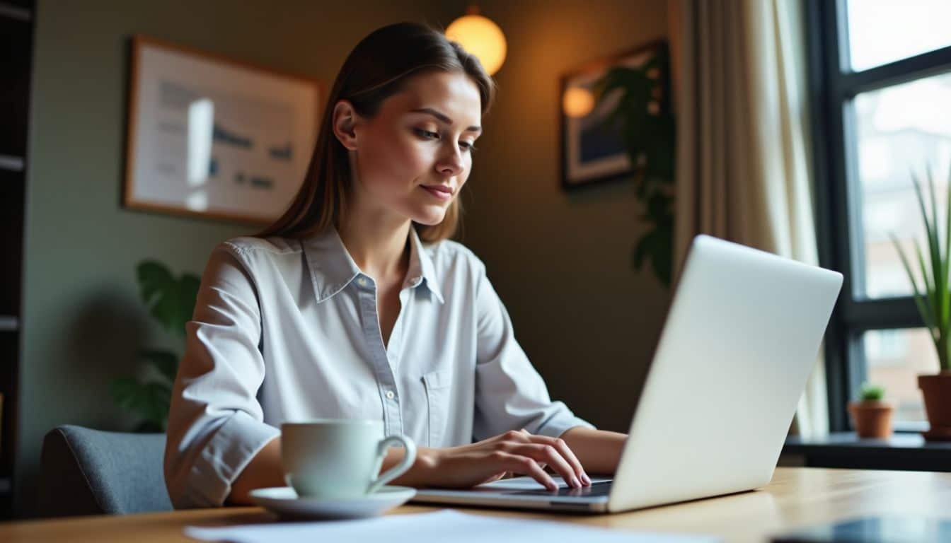 A woman in her 30s reviews star rating survey results at her desk.