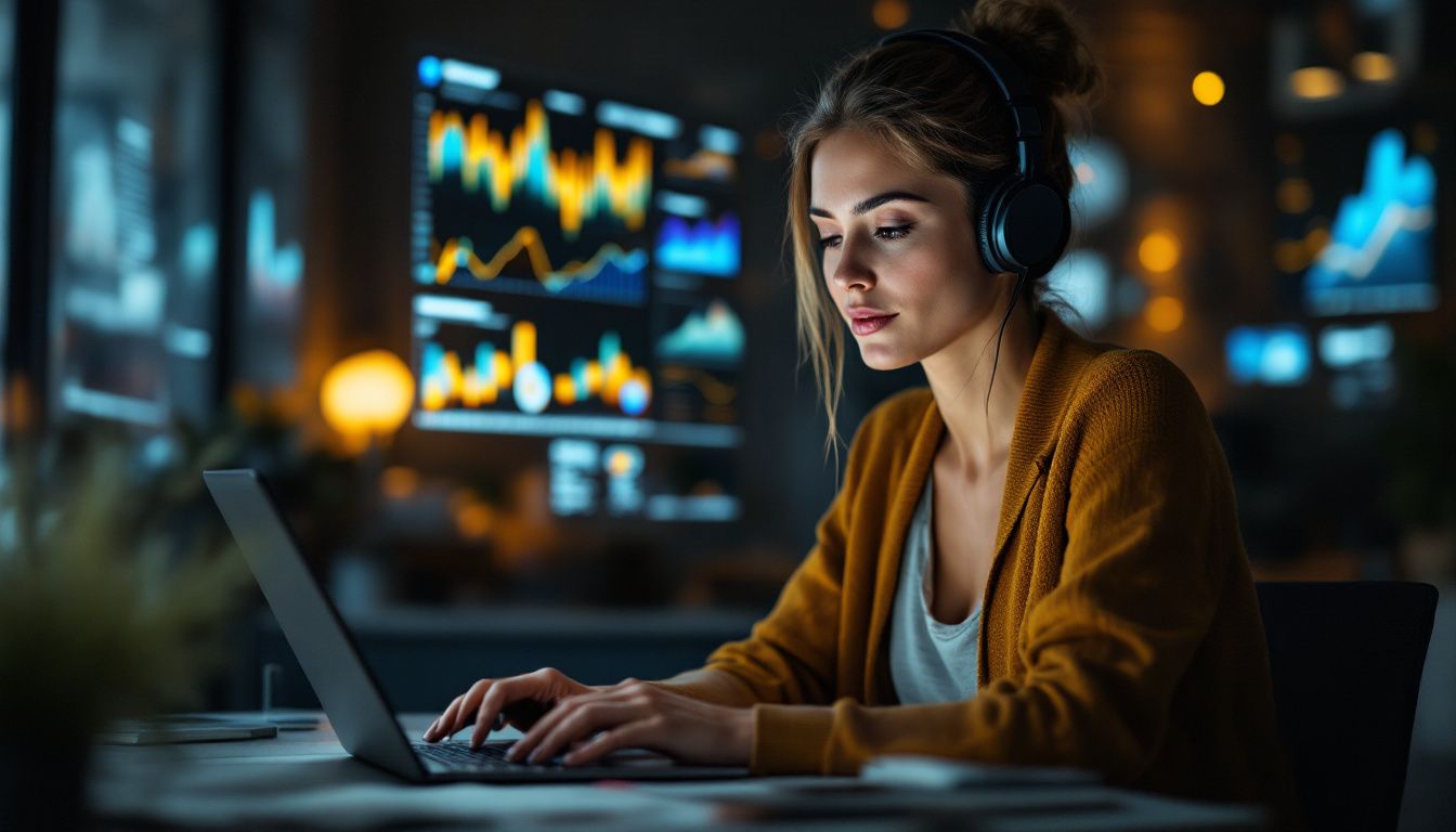 A woman working on a laptop in a modern office with digital analytics graphs.